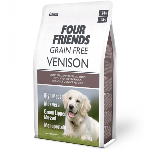 Framsidan av förpackningen för Four Friends Grain Free Venison - 3 kg.