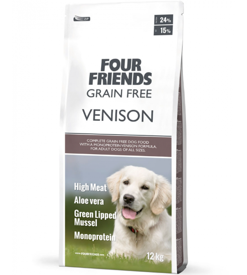 Framsidan av förpackningen för Four Friends Grain Free Venison - 12 kg.