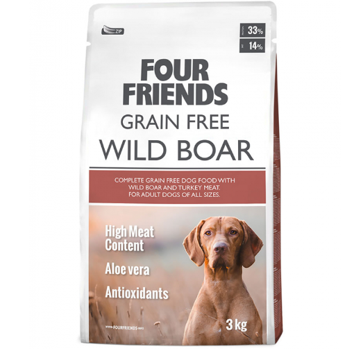 Framsidan av förpackningen för Four Friends Grain Free Wild Boar - 3 kg.