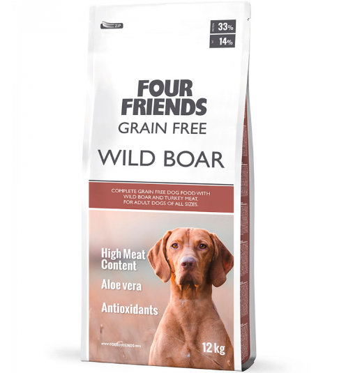 Framsidan av förpackningen för Four Friends Grain Free Wild Boar - 12 kg.