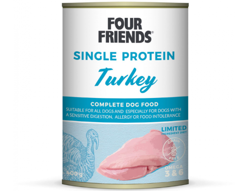 Framsidan av förpackningen för Four Friends Single Protein Turkey - 400 g.