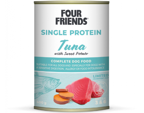 Framsidan av förpackningen för Four Friends Single Protein Tuna & Sweet Potato - 400 gram.