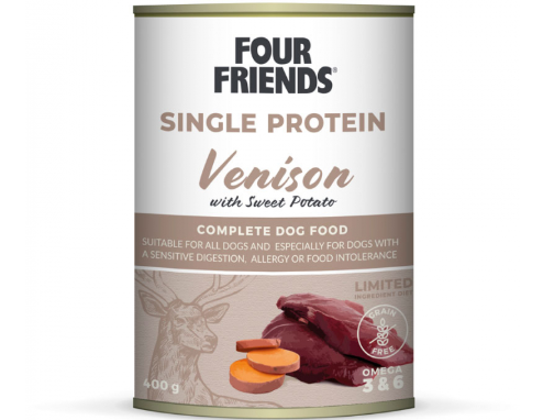 Framsidan av förpackningen för Four Friends Single Protein Venison & Sweet Potato 400 g.