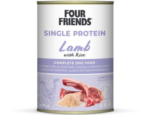 Framsidan av förpackningen för Four Friends Single Protein Lamb & Rice 400 g.