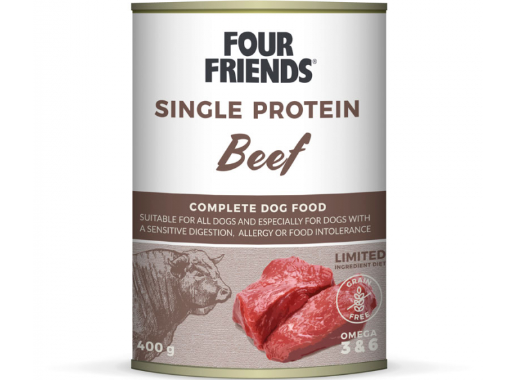 Framsidan av förpackningen för Four Friends Single Protein Beef 400 g.