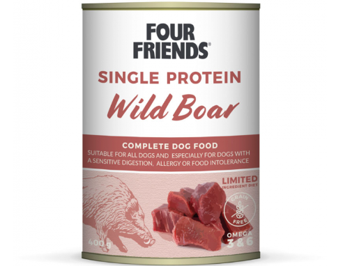 Framsidan av förpackningen för Four Friends Single Protein Wild Boar 400 g.