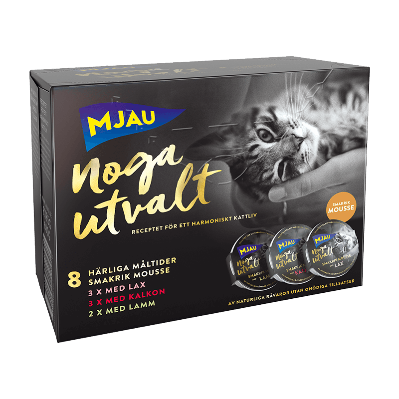 Framsidan av förpackningen för Mjau Noga Utvalt Multibox Mousse - Lax, Kalkon och Lamm.