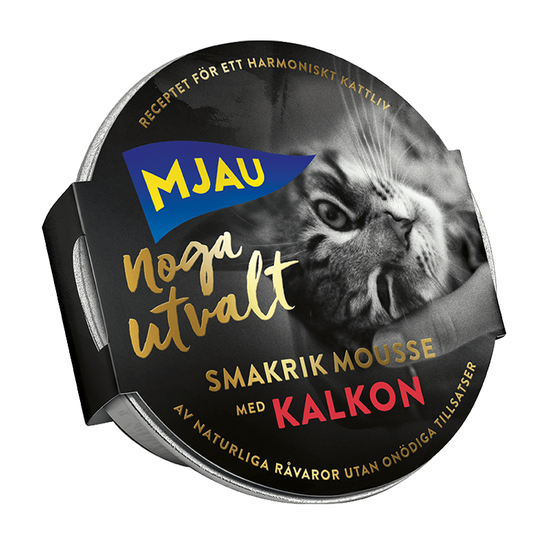 Framsidan av förpackningen för Mjau Noga utvalt mousse med kalkon - 85 gram.