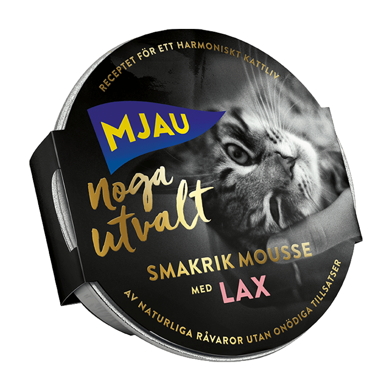 Framsidan av förpackningen för Mjau Noga utvalt mousse med lax - 85 gram.