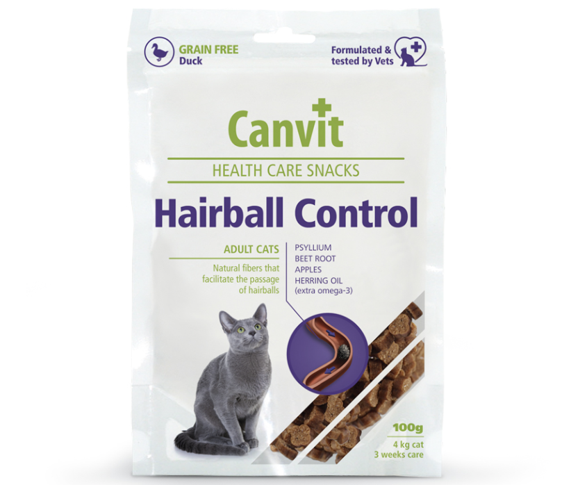 Framsidan av förpackningen för Canvit Health Care Snack Hairball Control.
