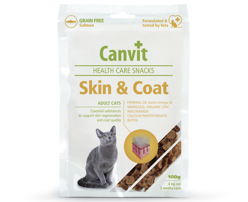Framsidan av förpackningen för Canvit Health Care Snack Skin & Coat.