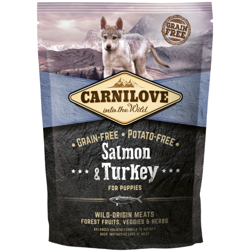 Framsidan av förpackningen för Carnilove Dog Salmon & Turkey Puppy - 1,5 kg.