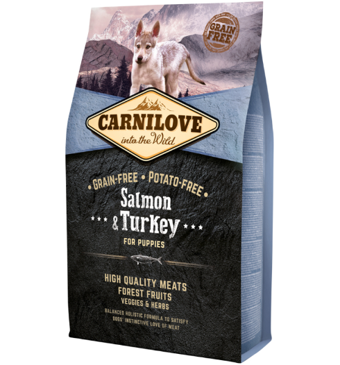 Framsidan av förpackningen för Carnilove Dog Salmon & Turkey Puppy - 4 kg.