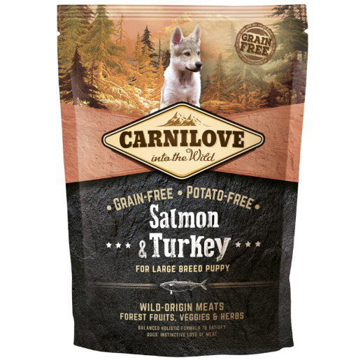 Framsidan av förpackningen för Carnilove Dog Salmon & Turkey Large Breed Puppy - 1,5 kg.