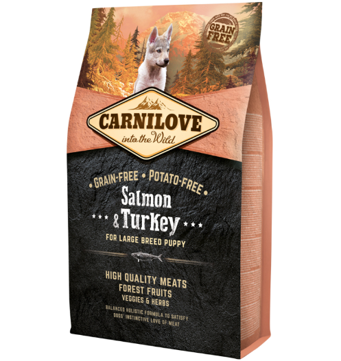 Framsidan av förpackningen för Carnilove Dog Salmon & Turkey Large Breed Puppy - 4 kg.