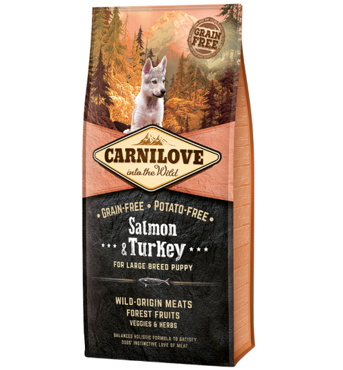 Framsidan av förpackningen för Carnilove Dog Salmon & Turkey Large Breed Puppy - 12 kg.