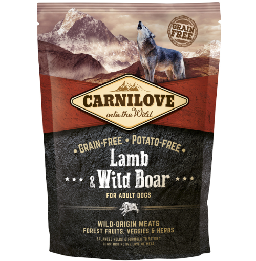 Framsidan av förpackningen för Carnilove Dog Lamb & Wild Boar Adult - 1,5 kg.