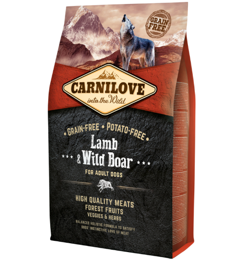 Framsidan av förpackningen för Carnilove Dog Lamb & Wild Boar Adult - 4 kg.
