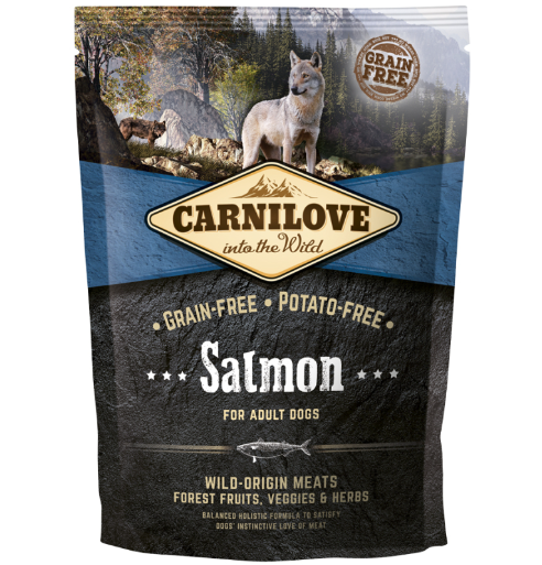Framsidan av förpackningen för Carnilove Dog Salmon Adult - 1,5 kg.