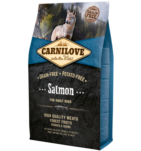 Framsidan av förpackningen för Carnilove Dog Salmon Adult - 4 kg.