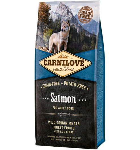 Framsidan av förpackningen för Carnilove Dog Salmon Adult - 12 kg.