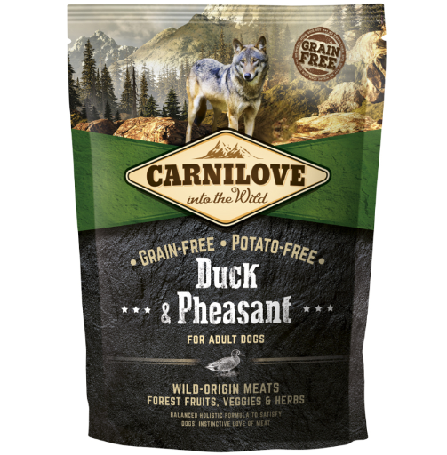 Framsidan av förpackningen för Carnilove Dog Duck & Pheasant Adult - 1,5 kg.