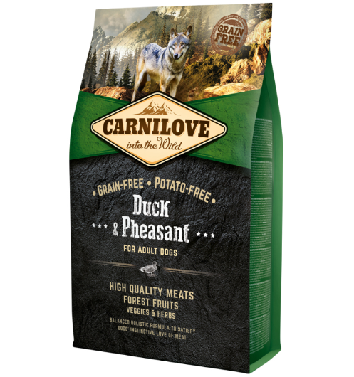 Framsidan av förpackningen för Carnilove Dog Duck & Pheasant Adult - 4 kg.