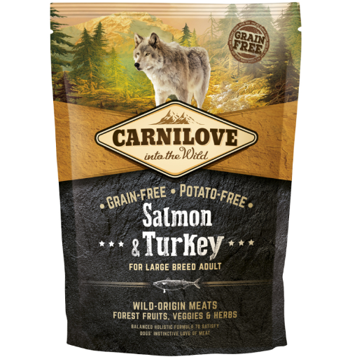 Framsidan av förpackningen för Carnilove Dog Salmon & Turkey Large Breed Adult - 1,5 kg.