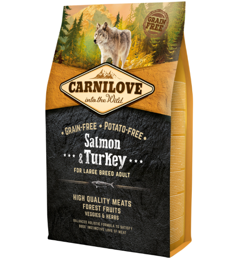 Framsidan av förpackningen för Carnilove Dog Salmon & Turkey Large Breed Adult - 4 kg.