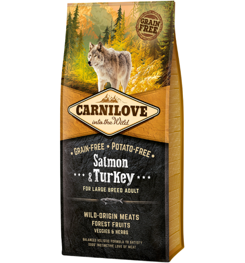 Framsidan av förpackningen för Carnilove Dog Salmon & Turkey Large Breed Adult - 12 kg.