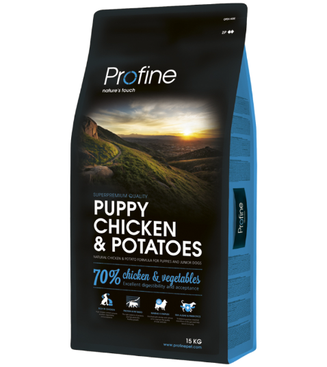 Framsidan av förpackningen för Profine Dog Puppy Chicken & Potatoes - 15 kg.