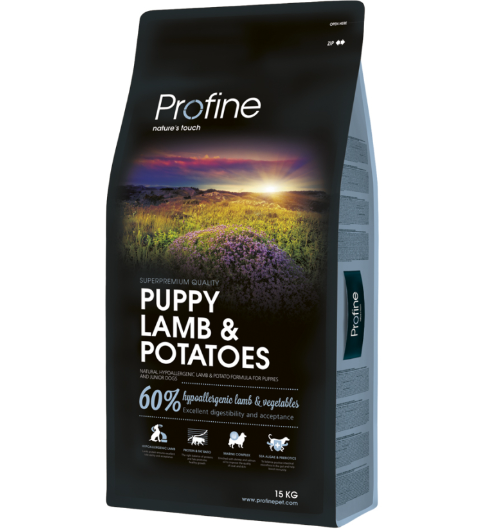 Framsidan av förpackningen för Profine Dog Puppy Lamb & Potatoes - 15 kg.