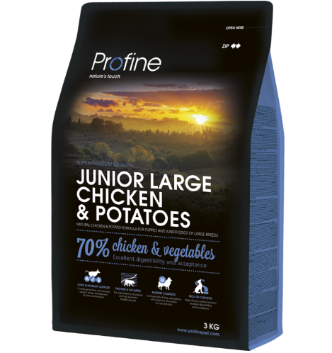 Framsidan av förpackningen för Profine Dog Junior Large Chicken & Potatoes - 3 kg.