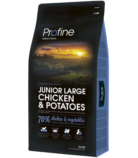 Framsidan av förpackningen för Profine Dog Junior Large Chicken & Potatoes - 15 kg.