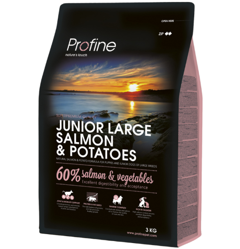 Framsidan av förpackningen för Profine Dog Junior Large Salmon & Potatoes - 3 kg.