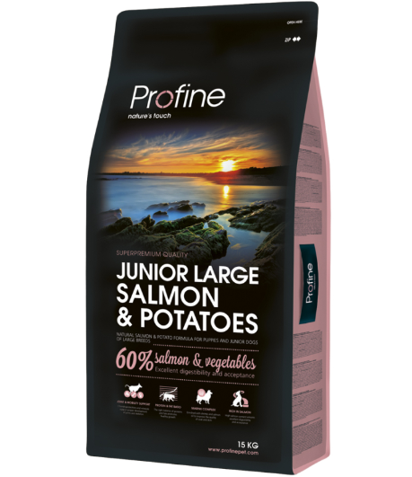 Framsidan av förpackningen för Profine Dog Junior Large Salmon & Potatoes - 15 kg.