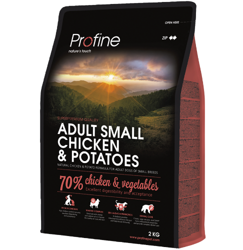Framsidan av förpackningen för Profine Dog Adult Small Chicken & Potatoes - 2 kg.