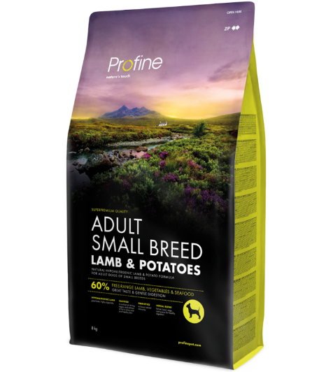 Framsidan av förpackningen för Profine Dog Adult Small Lamb & Potatoes - 8 kg.