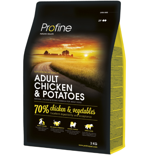 Framsidan av förpackningen för Profine Dog Adult Chicken & Potatoes - 3 kg.