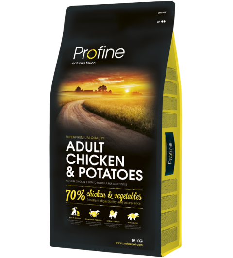 Framsidan av förpackningen för Profine Dog Adult Chicken & Potatoes - 15 kg.