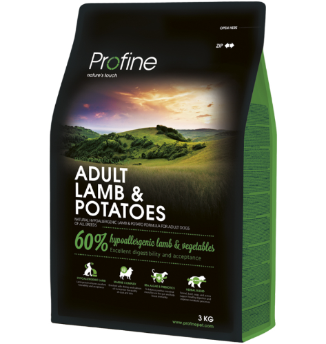 Framsidan av förpackningen för Profine Dog Adult Lamb & Potatoes - 3 kg.