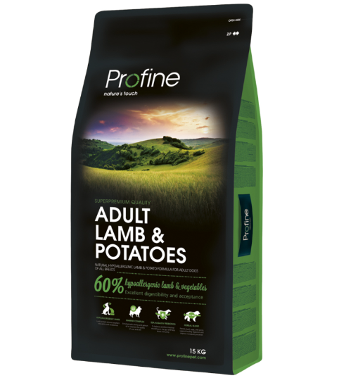 Framsidan av förpackningen för Profine Dog Adult Lamb & Potatoes - 15 kg.