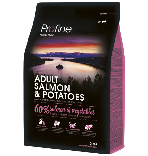 Framsidan av förpackningen för Profine Dog Adult Salmon & Potatoes - 3 kg.