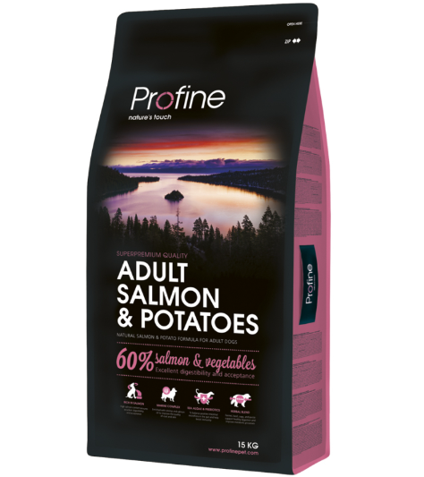 Framsidan av förpackningen för Profine Dog Adult Salmon & Potatoes - 15 kg.