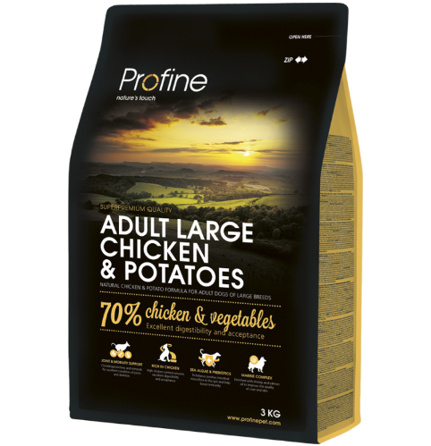 Framsidan av förpackningen för Profine Dog Adult Large Chicken & Potatoes - 3 kg.