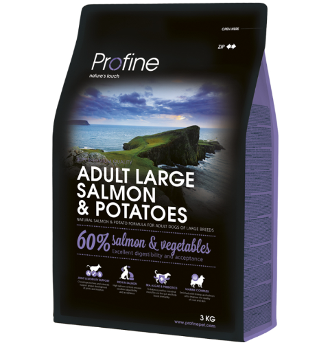 Framsidan av förpackningen för Profine Dog Adult Large Salmon & Potatoes - 3 kg.