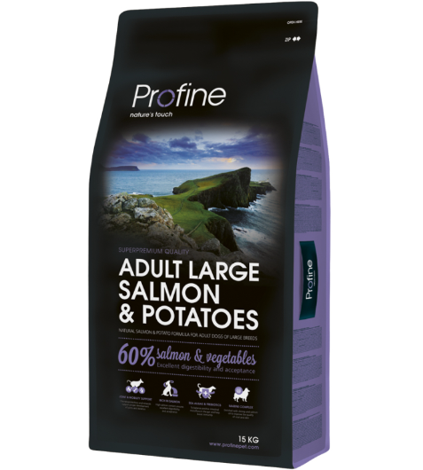 Framsidan av förpackningen för Profine Dog Adult Large Salmon & Potatoes - 15 kg.