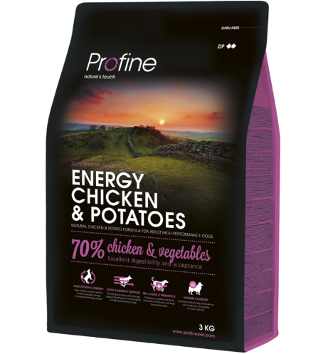 Framsidan av förpackningen för Profine Dog Energy Chicken & Potatoes - 3 kg.