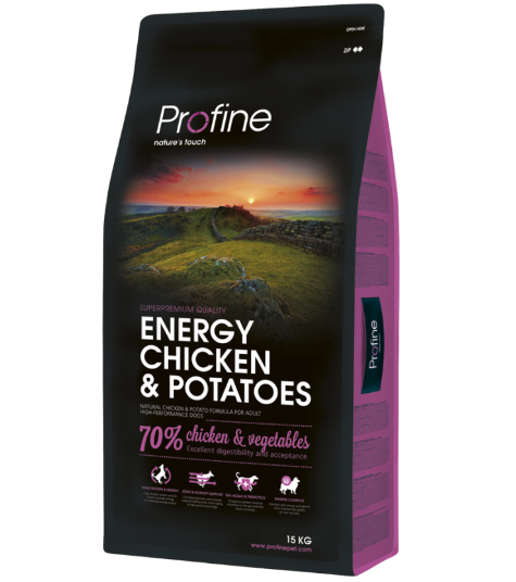 Framsidan av förpackningen för Profine Dog Energy Chicken & Potatoes - 15 kg.