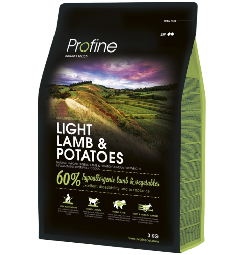 Framsidan av förpackningen för Profine Dog Light Lamb & Potatoes - 3 kg.